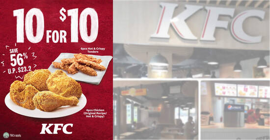 Featured image for KFC S'pore is offering a 10-pieces-for-$10 deal for dine-in, takeaway and delivery from 26 March 2021