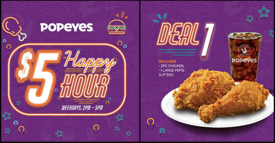 Featured image for Popeyes: Enjoy $5 deals (usual up to $10.30) when you dine-in from 2pm - 5pm weekdays (From 16 Mar 2021)