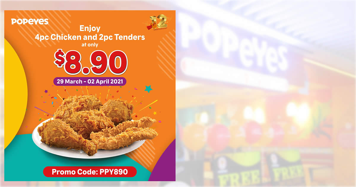 Featured image for Popeyes S'pore celebrates 12th anniversary with a deal: $8.90 for 4pc chicken + 2pc tenders till 2 April 2021