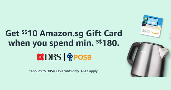 Featured image for Amazon.sg: Get a S$10 Gift Card when you spend min S$180 using DBS/POSB cards every Wed till 30 Sep 2021