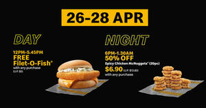 Featured image for McDelivery S’pore: Free Filet-O-Fish® Burger (U.P. $5) or 50% Off 20pc Spicy Chicken McNuggets till 28 Apr 2021