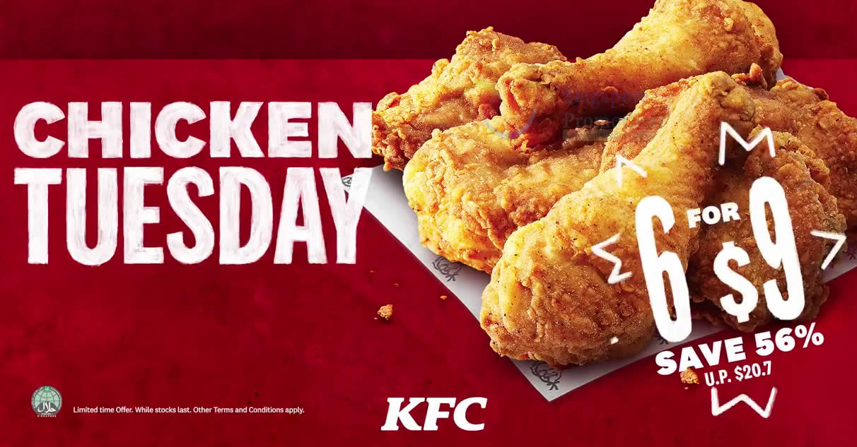 Featured image for KFC S'pore: Enjoy 6 pieces of fried chicken for only $9 on Tuesdays till 12 Oct 2021