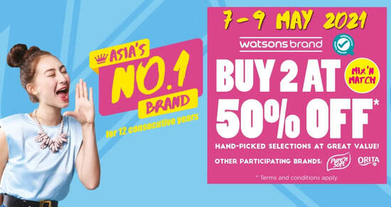 Featured image for Watsons: Buy-2-at-50%-off Watsons, Pure 'n Soft and Orita Brands till 9 May 2021