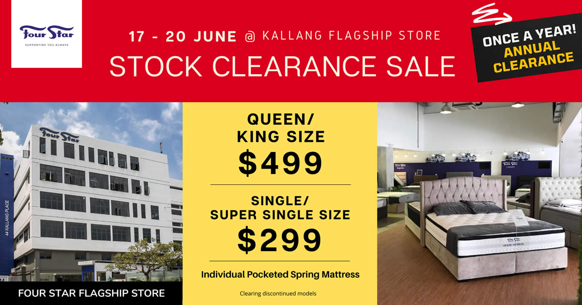 Featured image for Four Star Mattress STOCK CLEARANCE SALE at Kallang Flagship store from 17 - 20 June 2021