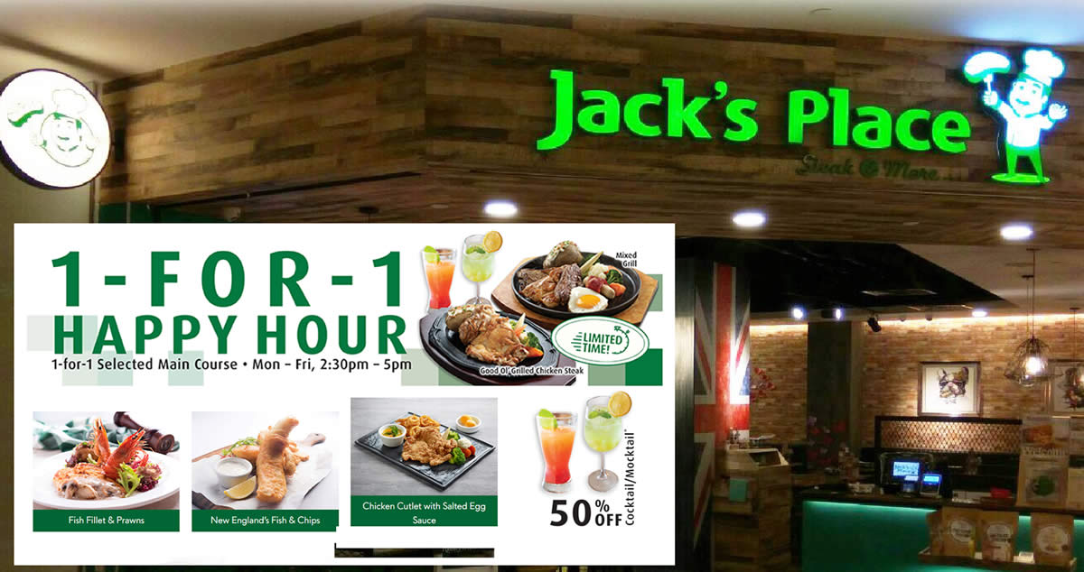 Featured image for Jack's Place: 1-for-1 main course weekday Happy Hour dine-in/takeaway promo (2.30pm - 5pm) till 10 Dec 2021
