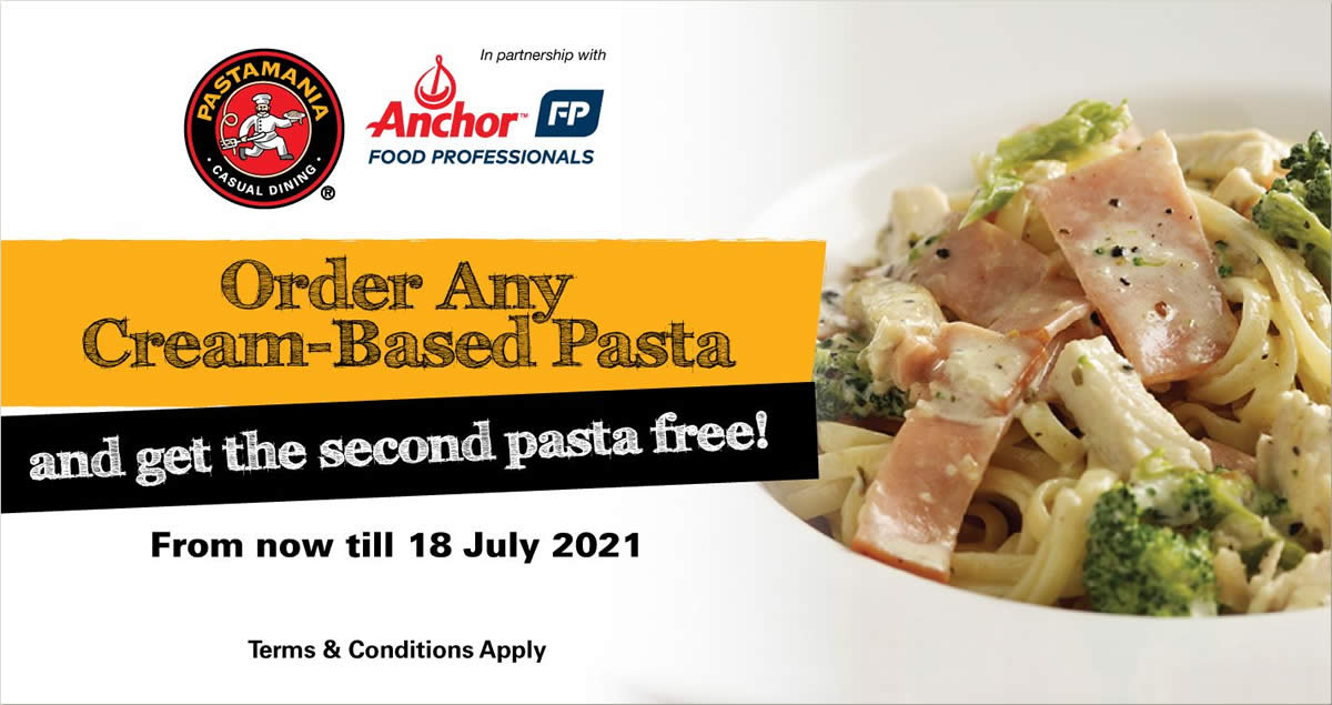 Featured image for (Fully Redeemed) PastaMania is offering 1-for-1 cream-based pastas for dine-in/takeaway till 18 July 2021