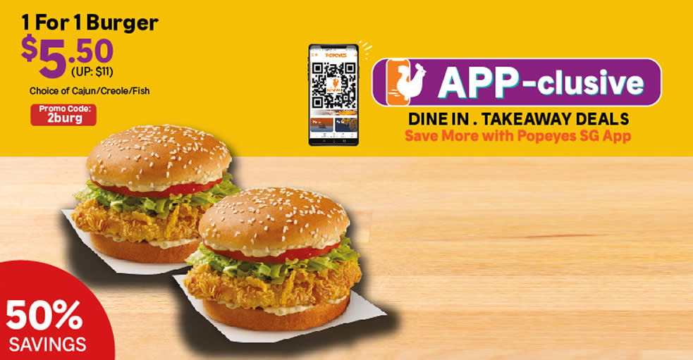 Featured image for Popeyes S'pore: 1-for-1 Burger with $10 min spend and more in-store app offers till 30 June 2021