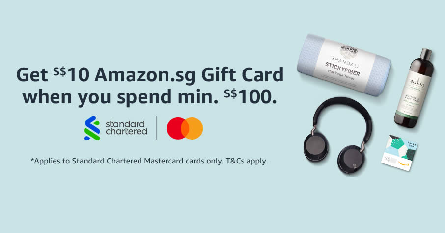 Featured image for Amazon.sg: Get a S$10 Gift Card when you spend min S$100 using SCB cards till 31 July 2021