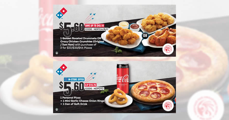 Featured image for Domino's S'pore: $5.60 Bundle (1 Personal Pizza + 1 Mini Rings + 1 Drink) NDP Coupon till 31 Dec 2021