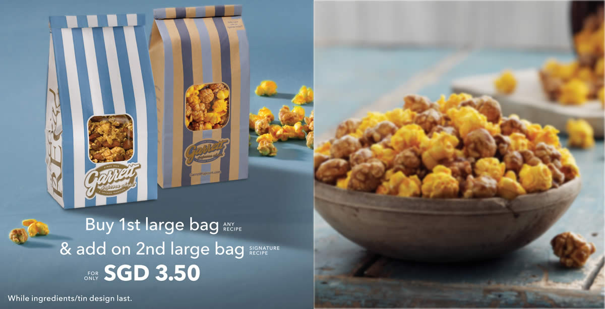 Featured image for Garrett Popcorn: Buy one large bag and add on 2nd large bag for $3.50 till 12 Aug 2021