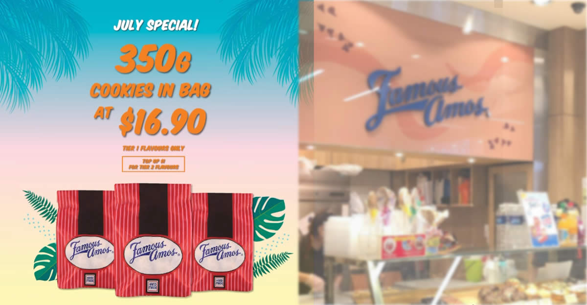 Featured image for Famous Amos S'pore is offering 350g cookies in bag for $16.90 till 31 July 2021