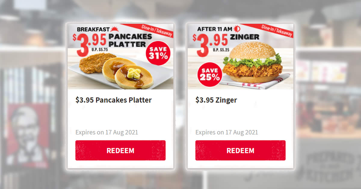 Featured image for KFC S'pore is offering $3.95 Zinger and $3.95 Pancakes Platter for dine-in/takeaway till 17 Aug 2021