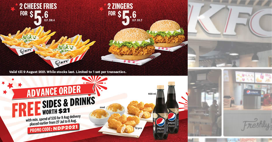 Featured image for KFC S'pore Delivery NDP Deals: $5.60 for two Zingers, Free Sides & Drinks worth $21 & more from 27 July 2021
