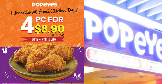 Featured image for Popeyes S'pore: Get 4pc chicken for only $8.90 (UP: $14) from 6 - 7 July 2021