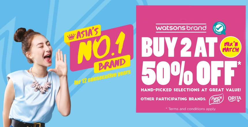 Featured image for Watsons: Buy 2 at 50% OFF for Watsons, Pure 'n Soft and Orita branded products till 27 Dec 2021