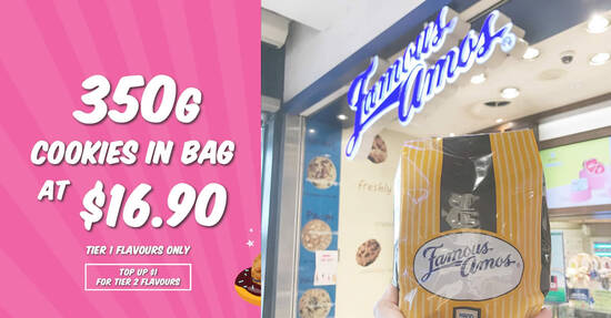Featured image for Famous Amos S'pore is offering 350g cookies in bag for $16.90 till 30 Sep 2021