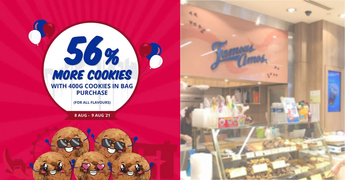 Featured image for Famous Amos S'pore: Free 56% more cookies when you purchase 400g Cookies in Bag from 8 - 9 Aug 2021