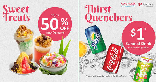 Featured image for Kopitiam & Foodfare is offering 50% off desserts and $1 canned drinks at 30 outlets from 3 Aug 2021