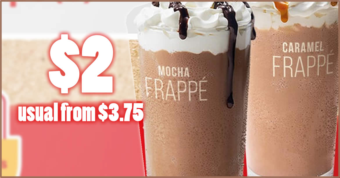 Featured image for McDonald's S'pore is offering $2 Frappe (usual from $3.75) from 2 - 3 Sep with any purchase. Choose Mocha or Caramel.