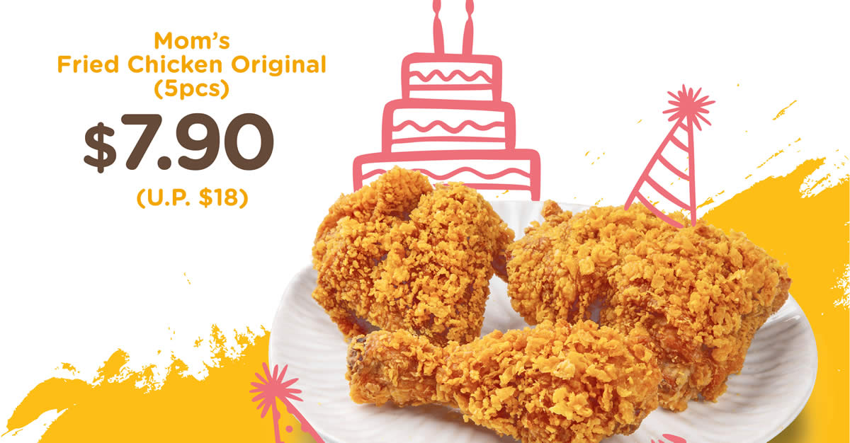 Featured image for MOM'S TOUCH: $7.90 (U.P. $18) 5pcs Mom's Original Fried Chicken promo at 3 outlets till 16 Sep 2021