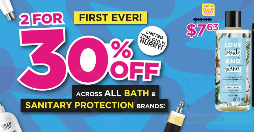 Featured image for Watsons: 2 for 30% OFF across all Bath & Sanitary Protection Brands till 29 Aug 2021