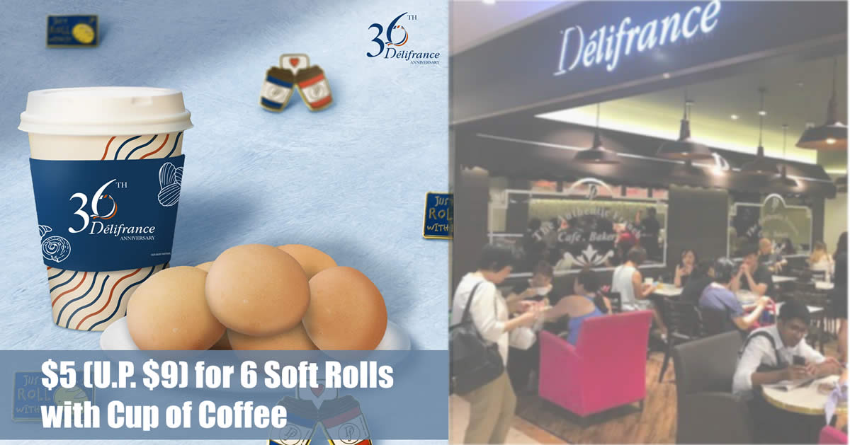 Featured image for Delifrance: $5 (U.P. $9) for 6 Soft Rolls with Cup of Coffee till 14 Sep 2021