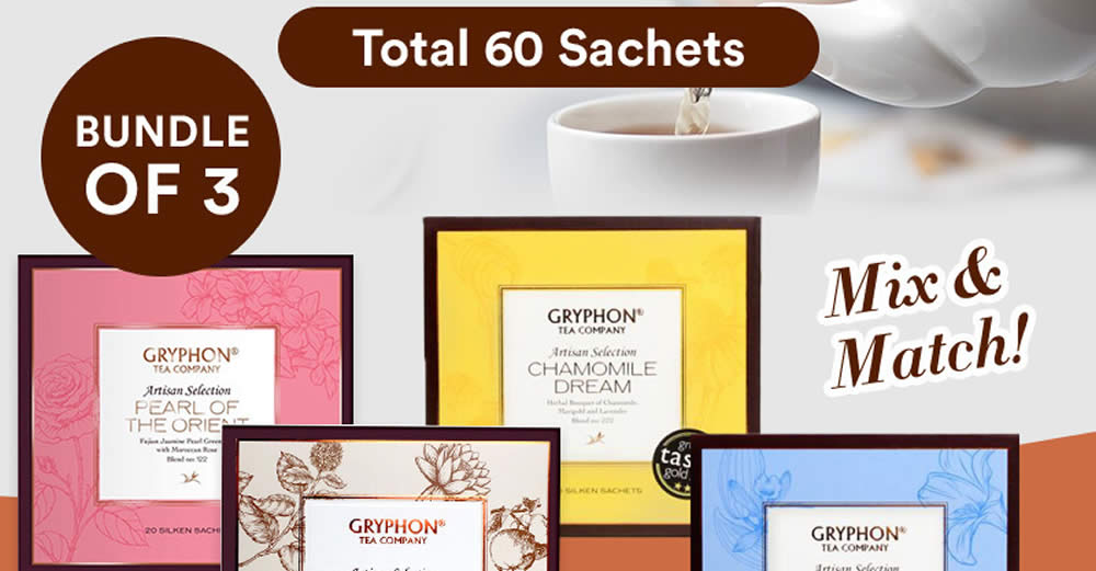 Featured image for Gryphon Artisan Tea is selling 60 sachets (mix and match) for $39.90 online from 29 Sep 2021