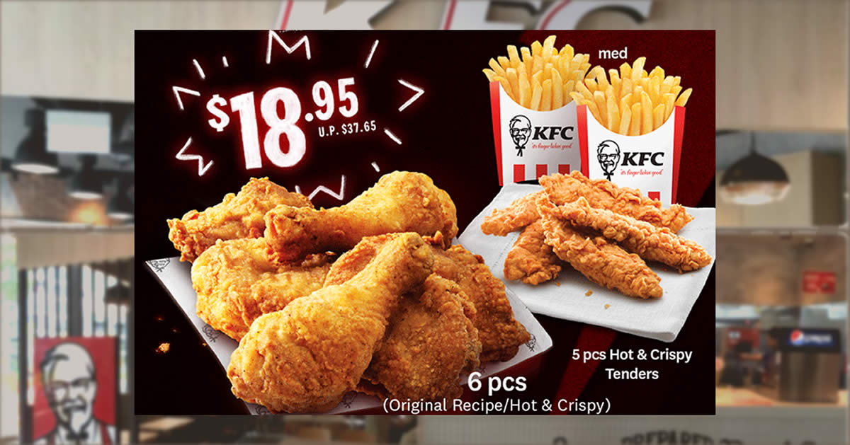 Featured image for KFC Delivery S'pore Flash Deal: 50% off 6pcs Chicken Combo Meal at $18.95 (usual $37.65) till 26 Sep 2021