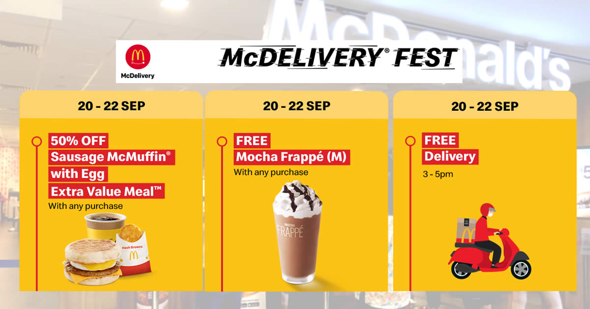 Featured image for McDelivery: FREE Delivery, Mocha Frappe or 50% off Sausage McMuffin with Egg EVM promo codes from 20 - 22 Sep 2021