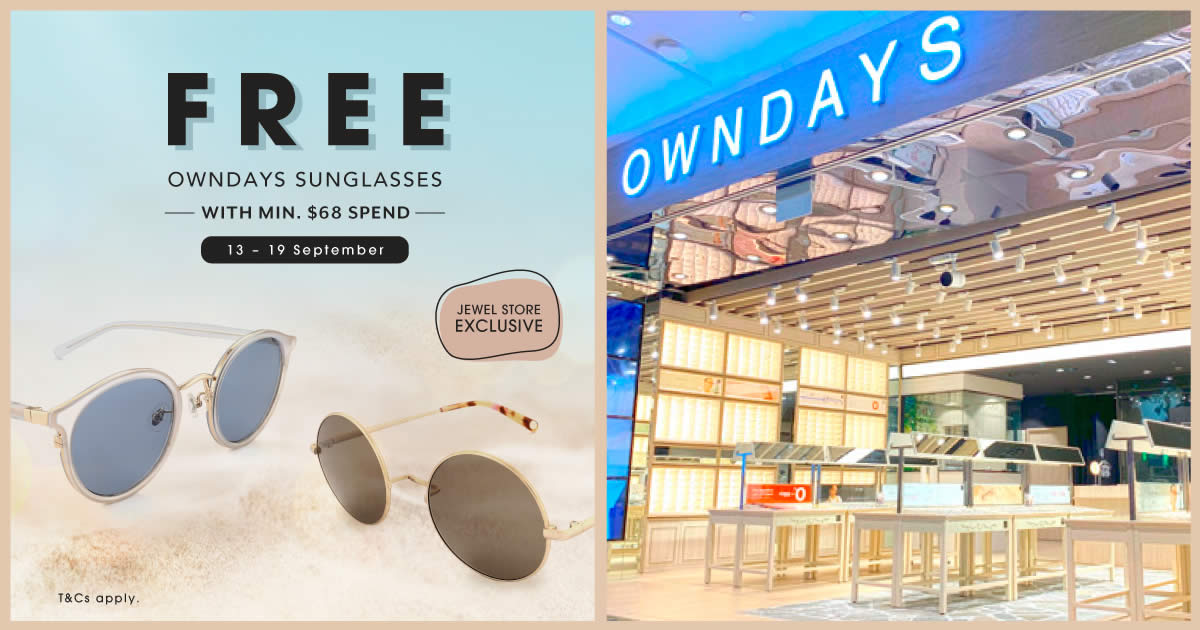 Featured image for OWNDAYS S'pore: Free Pair of Sunglasses (worth $78) with min. spend of $68 at Jewel store till 19 Sep 2021