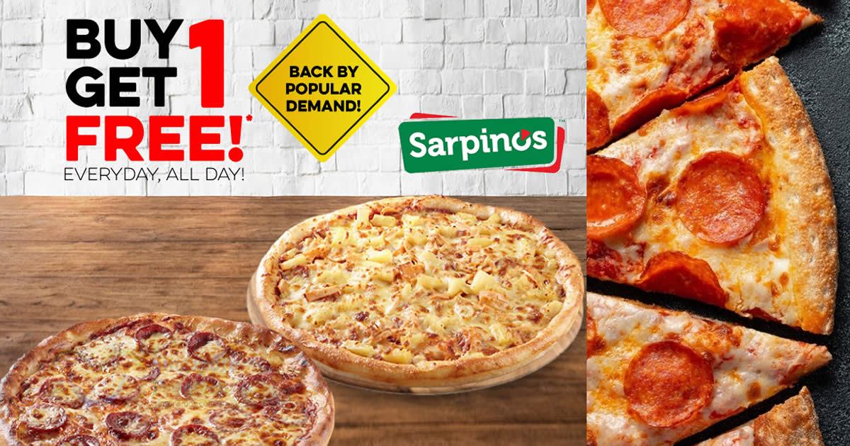 Featured image for Sarpino's is offering Buy 1 Get 1 Free pizzas for delivery/takeaway orders. Choose from 23 different flavoured pizzas