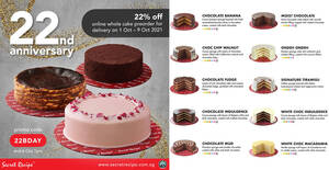 Featured image for Secret Recipe S’pore is offering 22% off whole cake preorders in celebration of 22nd anniversary till 6 Oct 2021