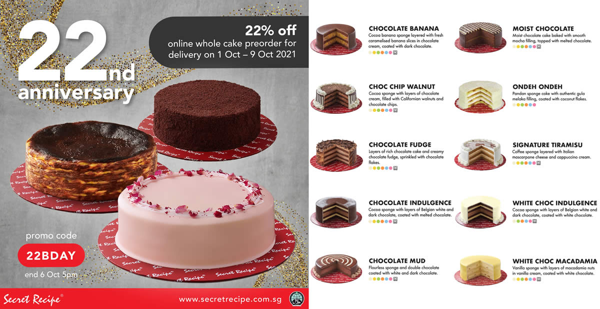 Featured image for Secret Recipe S'pore is offering 22% off whole cake preorders in celebration of 22nd anniversary till 6 Oct 2021