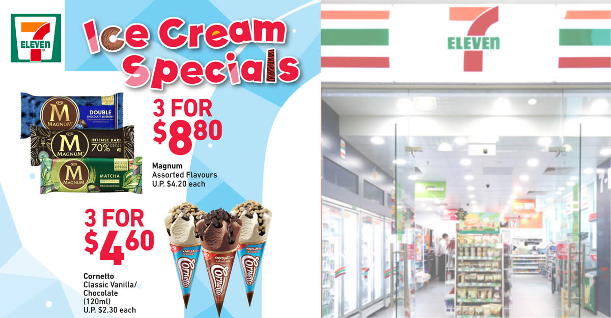 Featured image for 7-Eleven S'pore Ice Cream Specials: 3 for $4.60 Cornetto Classic, 3 for $8.80 Magnum & More till 23 Nov 2021