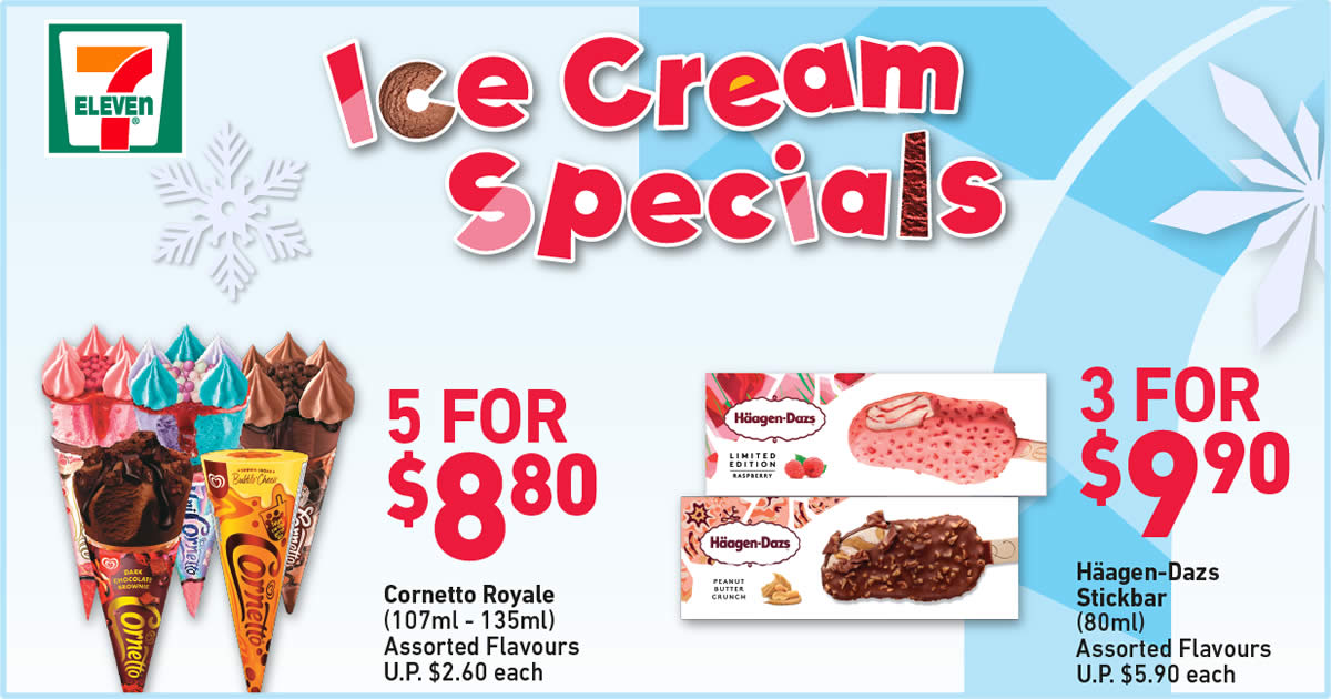 Featured image for 7-Eleven S'pore Ice Cream Specials: 5 for $8.80 Cornetto Royale (U.P. $2.60 each), 3 for $9.90 Häagen-Dazs Stickbar & More till 26 Oct 2021