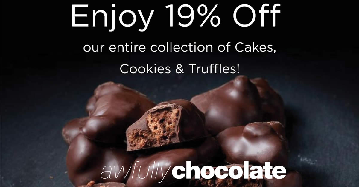 Featured image for Awfully Chocolate is offering 19% off cakes, cookies & truffles when you apply this code online on 10 Oct 2021