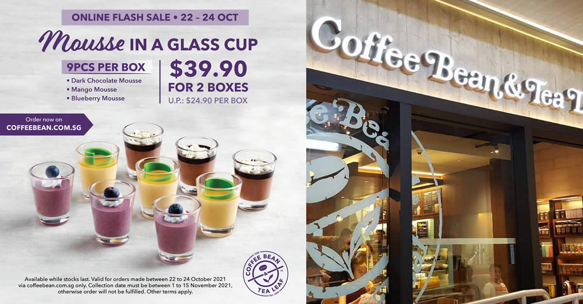 Featured image for Coffee Bean S'pore is offering $15 off when you buy two boxes of Mousse in a Glass Cup 9pcs till 24 Oct 2021