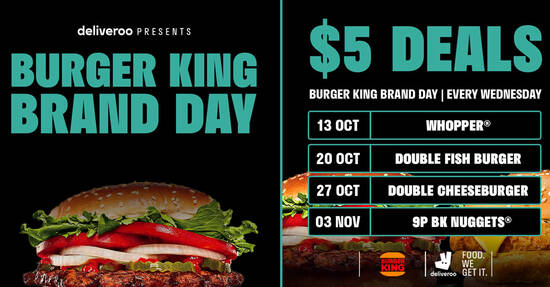 Featured image for Burger King S'pore is offering $5 deals every Wednesday via Deliveroo till 3 Nov 2021
