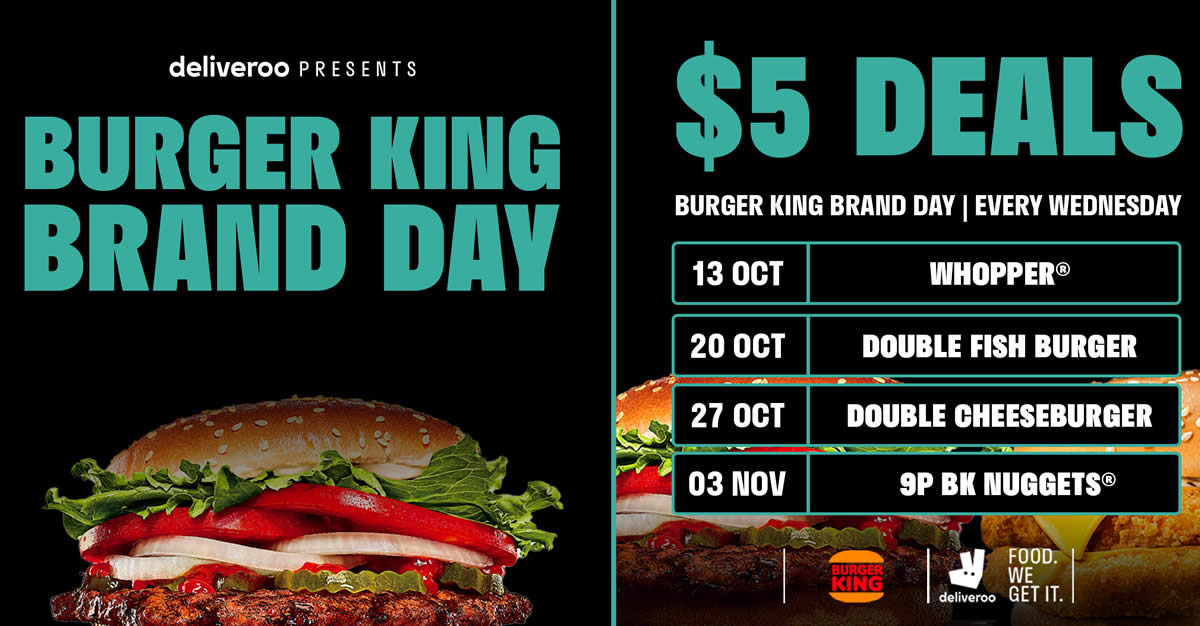 Featured image for Burger King S'pore is offering $5 deals every Wednesday via Deliveroo till 3 Nov 2021