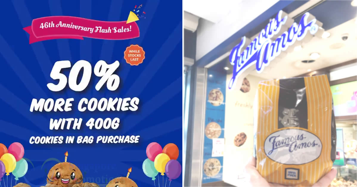 Featured image for Famous Amos: Get 50% more cookies when you purchase 400g Cookies in Bag at S'pore stores from 23 - 24 Oct 2021