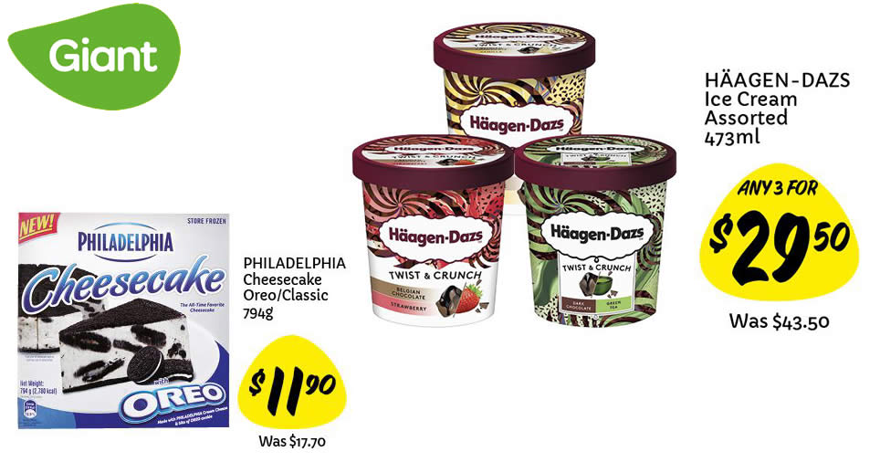 Featured image for Giant: Haagen-Dazs at 3-for-$29.50 (U.P. $43.50), $5.80 off Philadelphia Cheesecake Oreo / Classic & more till 13 Oct 2021