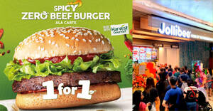 Featured image for Jollibee S’pore is offering 1-for-1 Spicy Zero Beef Burgers in-stores and via delivery from 15 Oct 2021