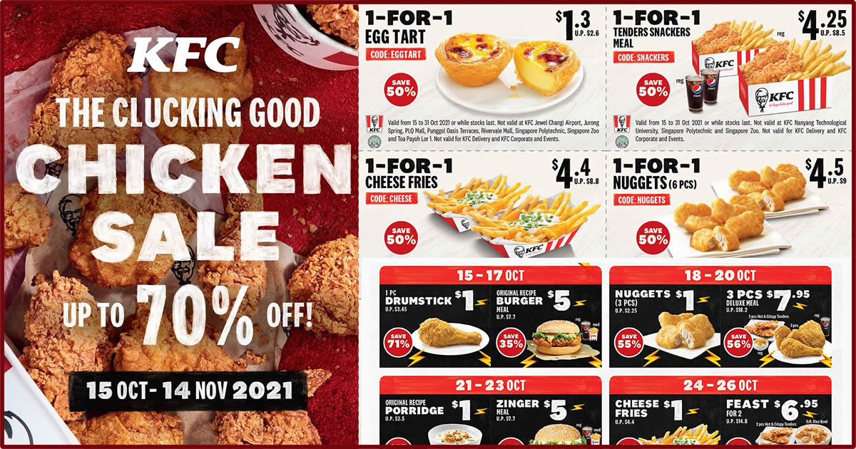 Featured image for KFC's Latest Coupons Has $1 Drumstick, 1-for-1 Cheese Fries & More For In-Store & Delivery (15 - 31 Oct 2021)