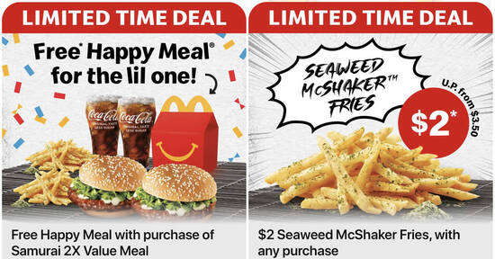 Featured image for McDonald's: Free Happy Meal with purchase of Samurai 2X Value Meal and $2 Seaweed McShaker Fries till 10 Oct 2021