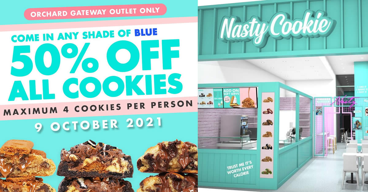 Featured image for Nasty Cookie is offering 50% off all a-la-carte cookies at Orchard Gateway when you come in blue on 9 Oct 2021