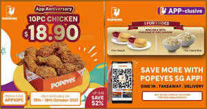 Featured image for Popeyes S’pore is offering 10pc chicken for $18.90 along with 1-for-1 sides from 15 – 18 Oct 2021