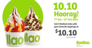 Featured image for llaollao S’pore: Get two medium tubs with your favourite toppings at $10.10 from 7 – 17 Oct 2021