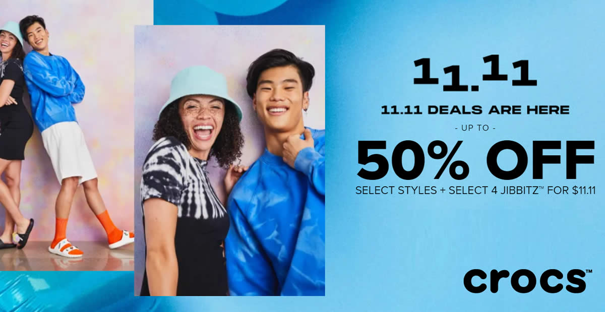 Featured image for Crocs: Singles' Day deals - Up to 50% plus 4 select Jibbitz™ for $11.11 free shipping on orders over $70 till 12 Nov 2021