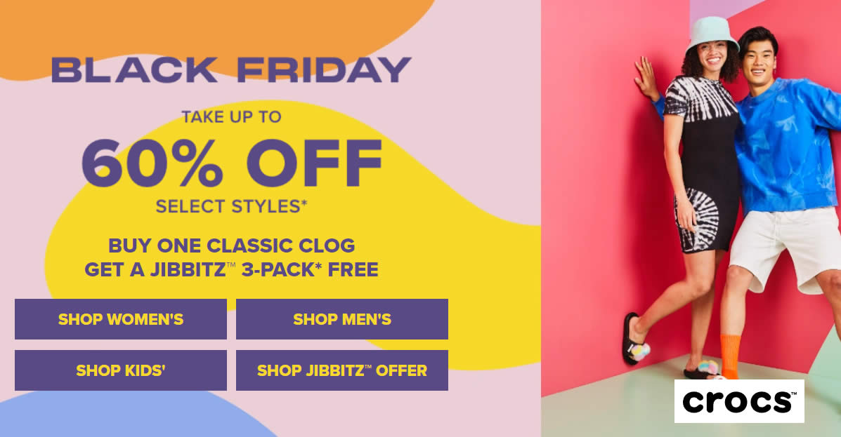 Featured image for Crocs: Black Friday Cyber Monday deals - Up to 60% Off Select Styles + free shipping on orders over $70 till 30 Nov 2021