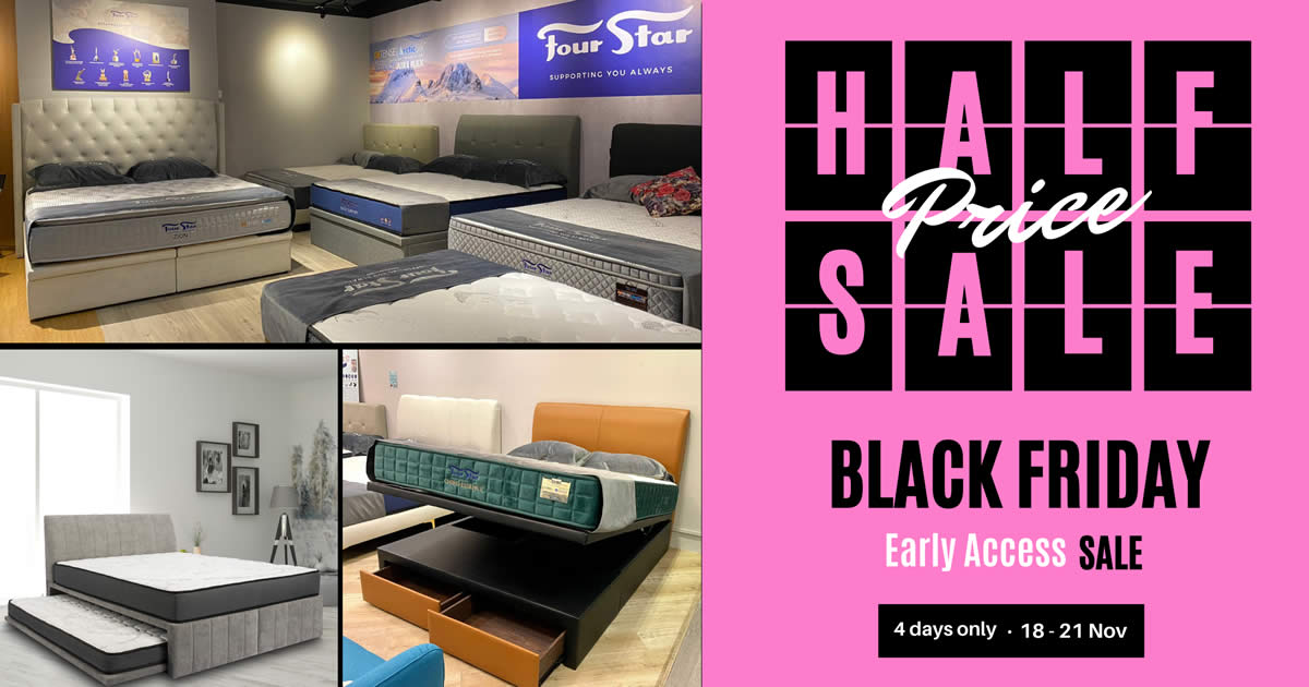 Featured image for Four Star Black Friday Sale Has Mattresses from S$499 and ½ price sale on all mattresses & bed frames (18 - 21 Nov 2021)